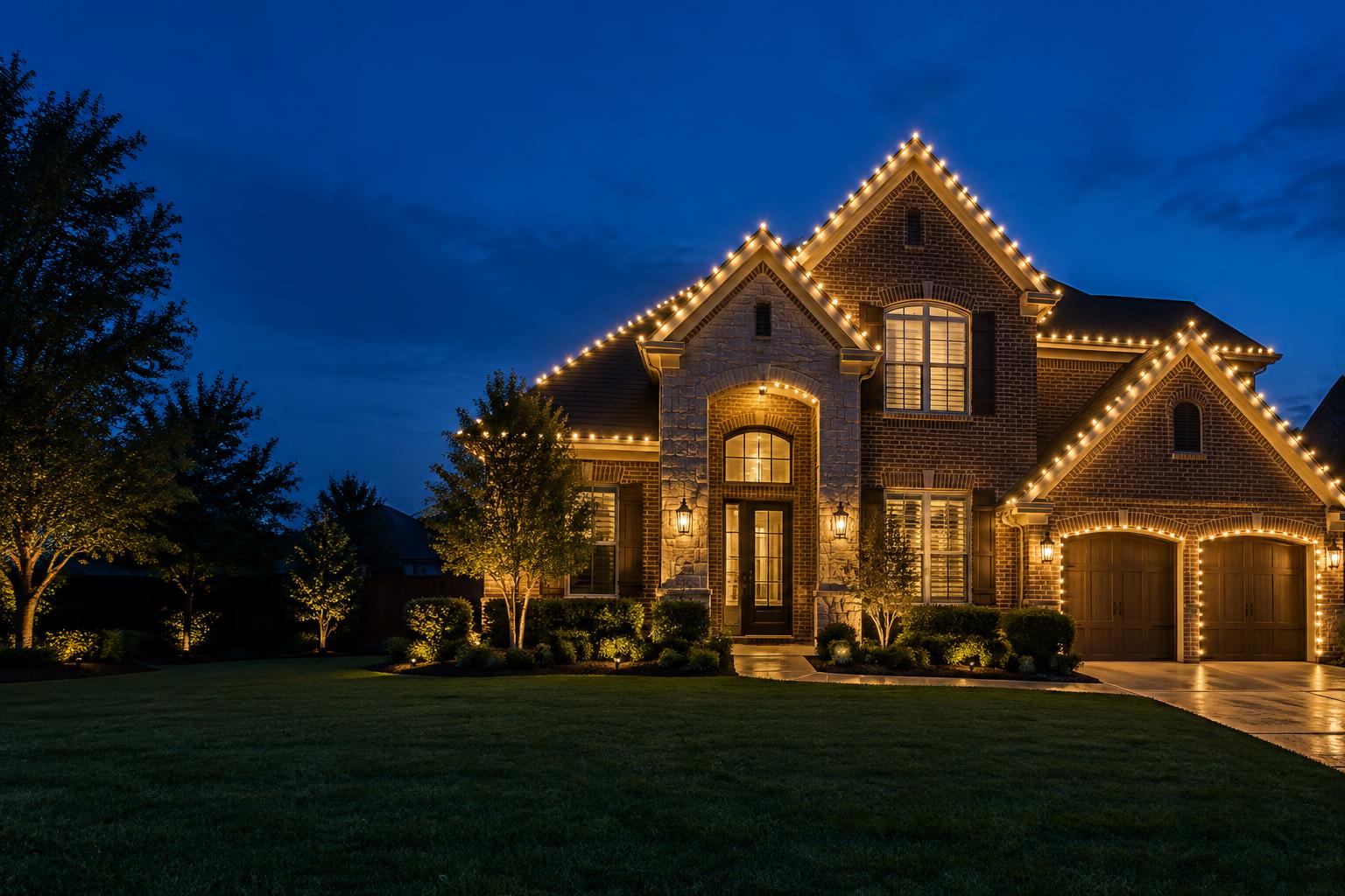 Two-story Houston-area home outlined in warm white Christmas lights